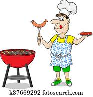 איש, עם, סינר, לצלות, סטייק, ו, נקניקים