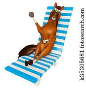 cute Horse cartoon character with beach chair