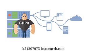 GDPR concept illustration. General Data Protection Regulation. The protection of personal data. Server and security guard. Vector, isolated on white. GDPR concept illustration. General Data Protection Regulation. The protection of personal data. Server and security guard. Vector, isolated on white.