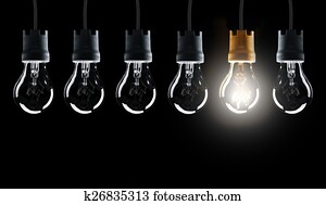 Light bulbs in row with single one shinning