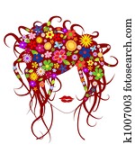 אישה יפה, עם, פרחים בשיער