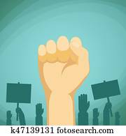 angehobene hand, mit, fist., demonstration, und, protest., bestand, vektor, c angehobene hand, mit, fist., demonstration, und, protest., bestand, vektor, c