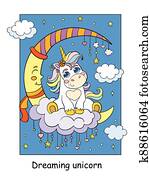 baby, enhörning, sittande, på, månen, färgrik