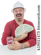 Construction worker laughing with vacations money