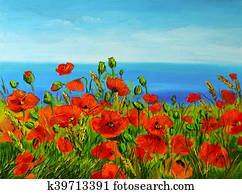 poppy field near the sea, colorful coast, art oil painting poppy field near the sea, colorful coast, art oil painting