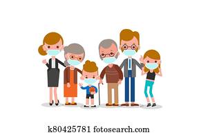 familia, llevando, médico, máscara, para lo impedir, infección, de, esparcimiento, de, covid-19, virus., vector, caricatura, ilustración, en, plano, diseño, style.