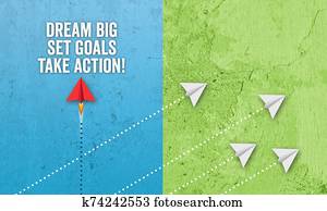 Illustration with miniature plane with message dream big, set goals and take action