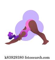 Plus size black curvy lady doing yoga class. Vector illustration isolated on white. Body positive. Attractive African American woman. Downward facing dog asana or Adho mukha svanasana. Plus size black curvy lady doing yoga class. Vector illustration isolated on white. Body positive. Attractive African American woman. Downward facing dog asana or Adho mukha svanasana.