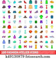 100, mode, atelier, icônes, ensemble, dessin animé, style