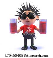 3d cartoon vicious punk rock character holding two glasses of drink 3d cartoon vicious punk rock character holding two glasses of drink