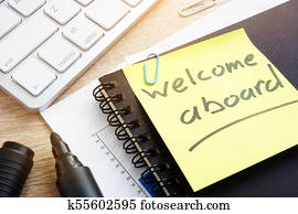 bem-vindo, bordo, escrito, ligado, um, memorando, stick.