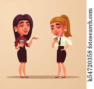 Two woman characters colleagues drink coffee and talking. Vector cartoon illustration
