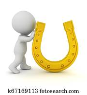 3D Character pushing golden horseshoe 3D Character pushing golden horseshoe