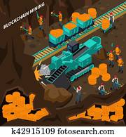 Blockchain, mineração, isometric, conceito