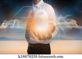 Businessman presenting lock graphic
