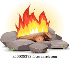 campfire, med, brännande, flammor