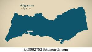 modernos, mapa, -, algarve, portugal, pt, ilustração