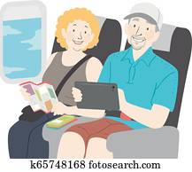 Senior Couple Tour Plane Illustration