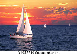 veleiros, em, pôr do sol