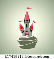 caricatura, castelo fortificado, com, flags., icon. caricatura, castelo fortificado, com, flags., icon.