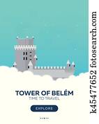 portugal., torre, de, belem., tempo, para, travel., viagem, poster., vetorial, apartamento, illustration. portugal., torre, de, belem., tempo, para, travel., viagem, poster., vetorial, apartamento, illustration.