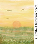 pântano, pôr do sol