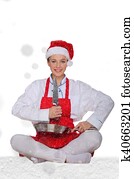 אישה, בשל, ב, כובע של פפה הנואל, יוגה, סכין, מתחת, השלג