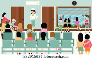 busy hospital corridor activities nurse patient in queue waiting doctor