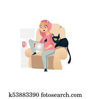 girl,, frau, arbeiten, home,, freiberufler, und, katz girl,, frau, arbeiten, home,, freiberufler, und, katz