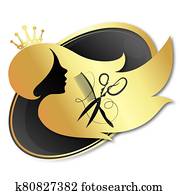 Girl with a crown of golden hair and comb with scissors Girl with a crown of golden hair and comb with scissors