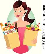 ילדה, עם, קניות של מכולת