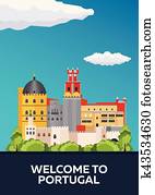 cartaz, viagem, para, portugal, skyline., vetorial, apartamento, ilustração cartaz, viagem, para, portugal, skyline., vetorial, apartamento, ilustração