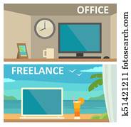 dois, diferente, local trabalho, em, escritório, e, ligado, tropicais, recurso