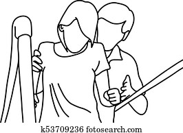 male physical therapist assisting disable woman to walk with the support of bars at hospital vector illustration outline sketch hand drawn with black lines isolated on white background