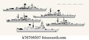 Royal Navy. Postwar British destroyers. Side view. Vector template for illustration. Royal Navy. Postwar British destroyers. Side view. Vector template for illustration.