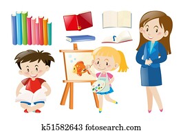 Teacher and students with school objects