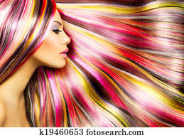 beleza, modelo moda, menina, com, coloridos, cabelo tingido