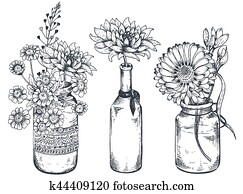 Bouquets with hand drawn flowers and plants in vases jars. Bouquets with hand drawn flowers and plants in vases jars.