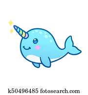 cute, caricatura, narwhal