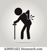 Elderly Man with stick and injury of the back pain icon Elderly Man with stick and injury of the back pain icon