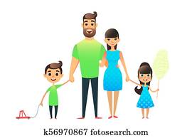 glad, karikatur, leilighet, familie, portrait., mor, far, sønn, datter, sammen., mamma og pappa, omfavnelse, det, bror, er, bærende, ei, leketøybil, på, ei, snor, det, sicter, er, avholdelse, bomullsukkertøyer