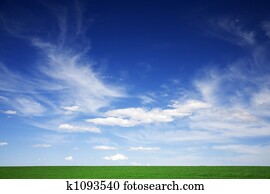 Green field, blue skies, white clouds in spring