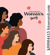 International Women s Day 8 March. Vector illustration with women of different nationalities and cultures. Fight for freedom, independence, equality. Vector illustration