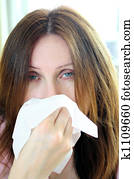 mulher, com, gripe, ou, alergia