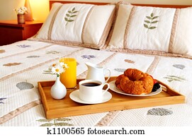 pequeno almoço, ligado, um, cama, em, um, quarto hotel