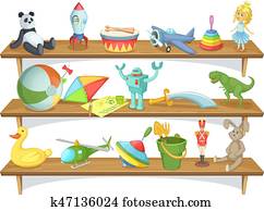 abbildung, von, childrens, kaufmannsladen, mit, lustig, karikatur, spielzeuge, auf, shelves., vektor, satz abbildung, von, childrens, kaufmannsladen, mit, lustig, karikatur, spielzeuge, auf, shelves., vektor, satz