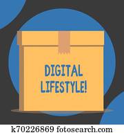 handschrift, text, digital, lifestyle., begriff, bedeutung, arbeitende, hinüber, internet, welt, von, gelegenheiten, nahaufnahme, vorderansicht, offenes, braun, pappe, verschlossen, kasten, lid., leer, hintergrund.