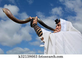 Jewish man blow Shofar Jewish man blow Shofar