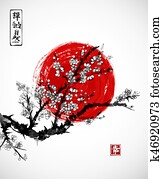 sakura, blüte, und, rote sonne, symbol, von, japan, wei?, hintergrund., enth?lt, hieroglyphen, -, zen, freiheit, natur, happiness., traditionelle, japanische, tinte anstreichen, sumi-e. sakura, blüte, und, rote sonne, symbol, von, japan, wei?, hintergrund., enth?lt, hieroglyphen, -, zen, freiheit, natur, happiness., traditionelle, japanische, tinte anstreichen, sumi-e.