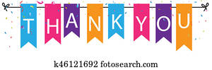 Thank you sign with colorful bunting flags and confetti background Thank you sign with colorful bunting flags and confetti background